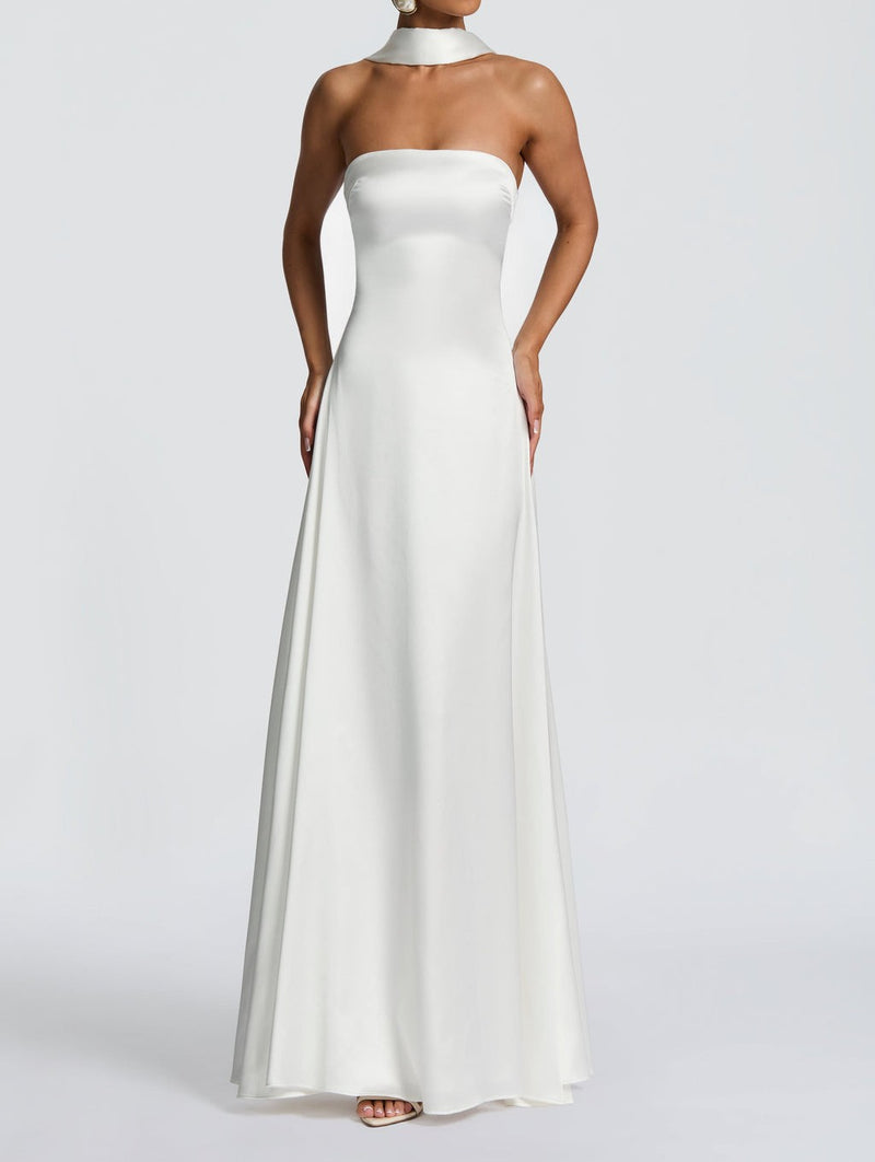 strapless satin maxi dress, view 8 - MRSLM