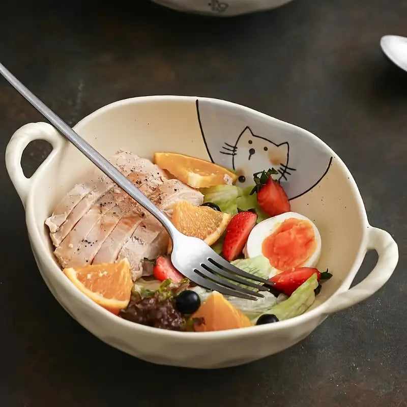 Cat design ceramic soup bowl with handle, view 6 - MRSLM