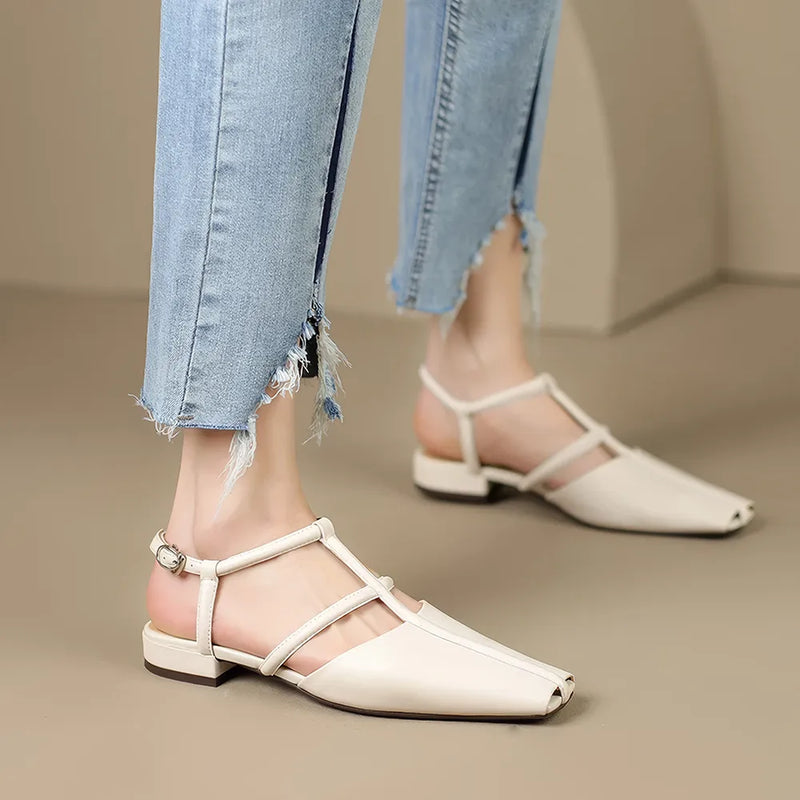 strappy leather low heel sandals, view 7 - MRSLM