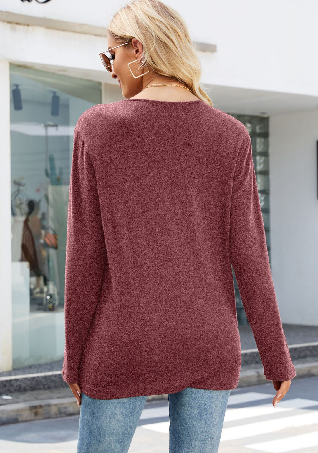 Women's Casual V Neck Long Sleeve Loose T Shirt In Solid Color