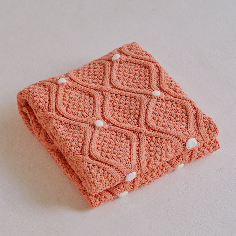 chunky knit blanket with pompons, view 3 - MRSLM