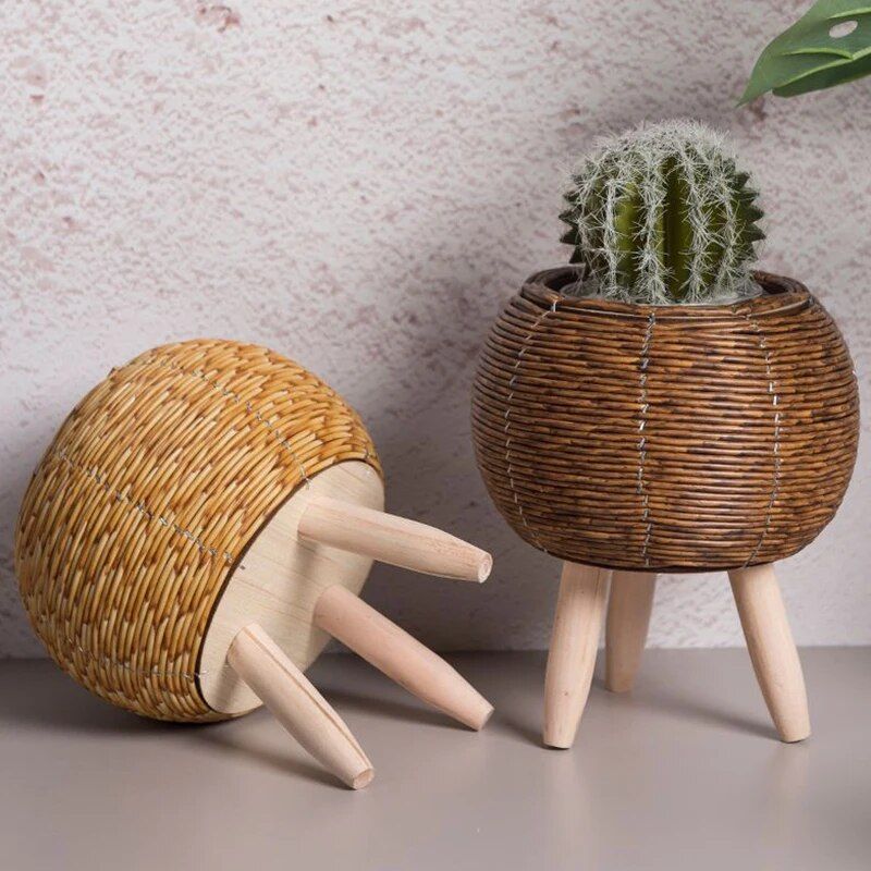 nordic woven plant stand with wooden legs, view 9 - MRSLM