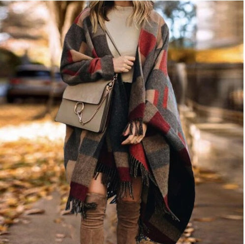 plaid woolen cloak shawl, view 3 - MRSLM