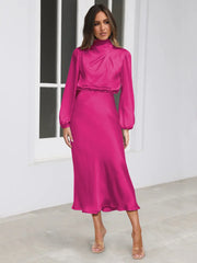 elegant satin ruched slim dress, view 4 - MRSLM