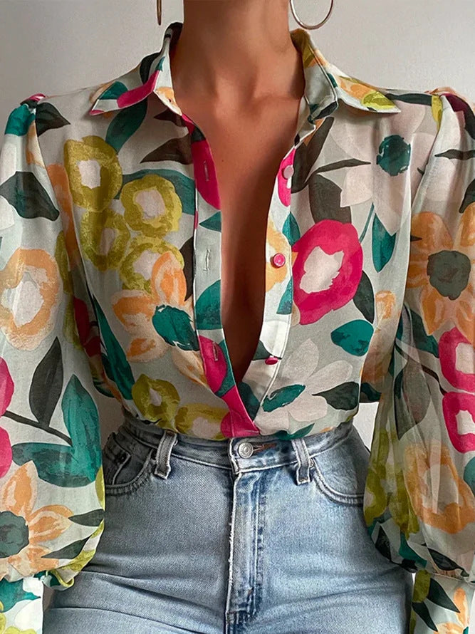 women's printed lantern sleeve summer shirt, view 2 - MRSLM