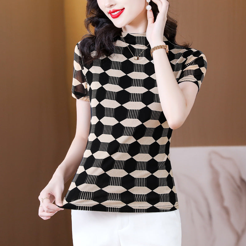 women's geometric mesh slim fit top, view 2 - MRSLM