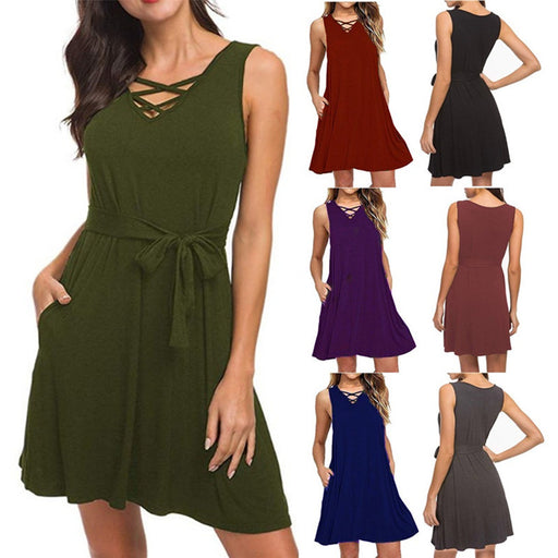sleeveless v-neck belt dress - MRSLM
