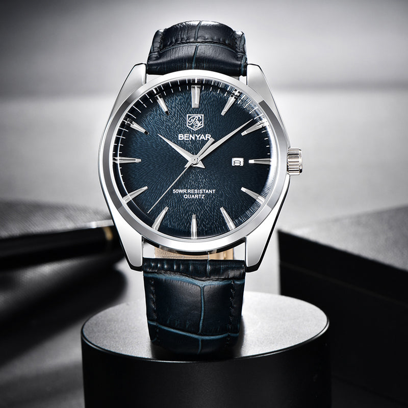 men's 41mm leather band quartz watch, view 5 - MRSLM