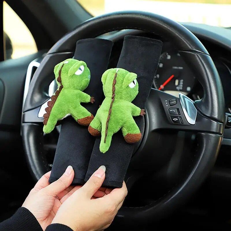 green dinosaur plush seat belt cover, view 3 - MRSLM