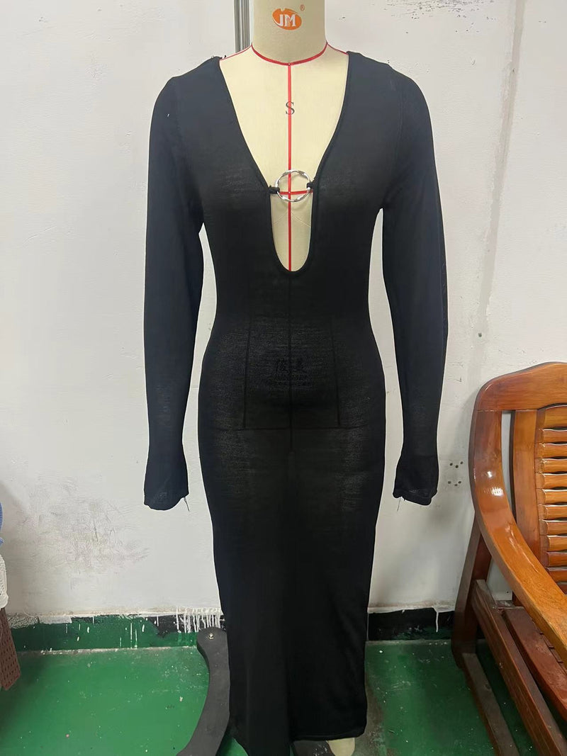 v-neck backless long sleeve knitted dress, view 7 - MRSLM