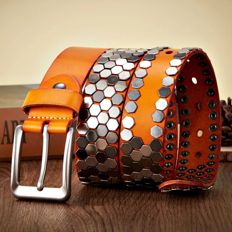 Wide rivet studded leather belt, view 6 - MRSLM