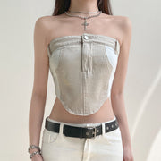 khaki denim tube top with contrast buttons, view 4 - MRSLM