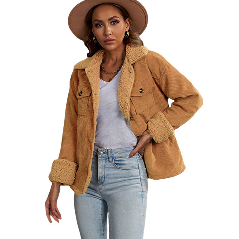 Women's retro fleece coat with faux fur collar, view 7 - MRSLM