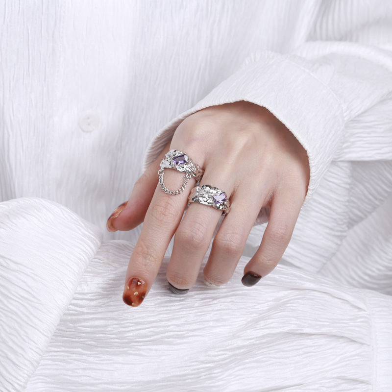 s925 silver foil texture zircon chain ring, view 5 - MRSLM