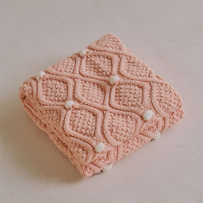 chunky knit blanket with pompons, view 2 - MRSLM