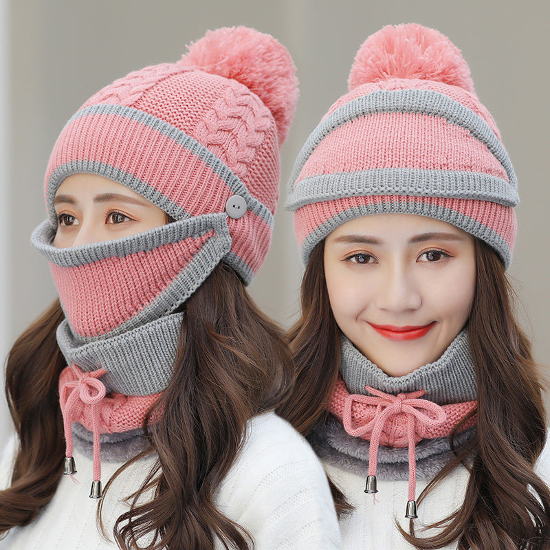 Women's 3-piece pom-pom beanie, mask and neck warmer set, view 2 - MRSLM