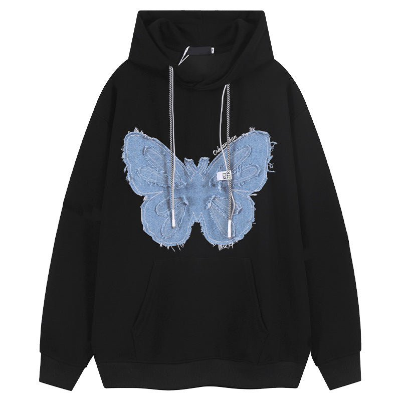 retro denim patch butterfly flower hoodie, view 4 - MRSLM