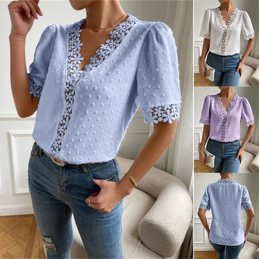Women's floral lace V-neck puff sleeve shirt - MRSLM