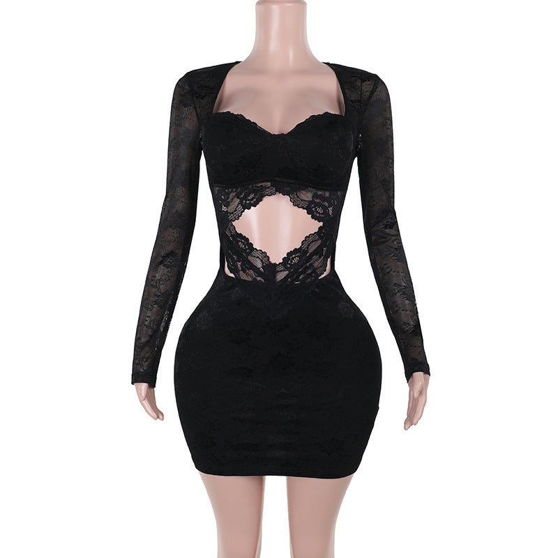 black lace long sleeve dress, view 6 - MRSLM