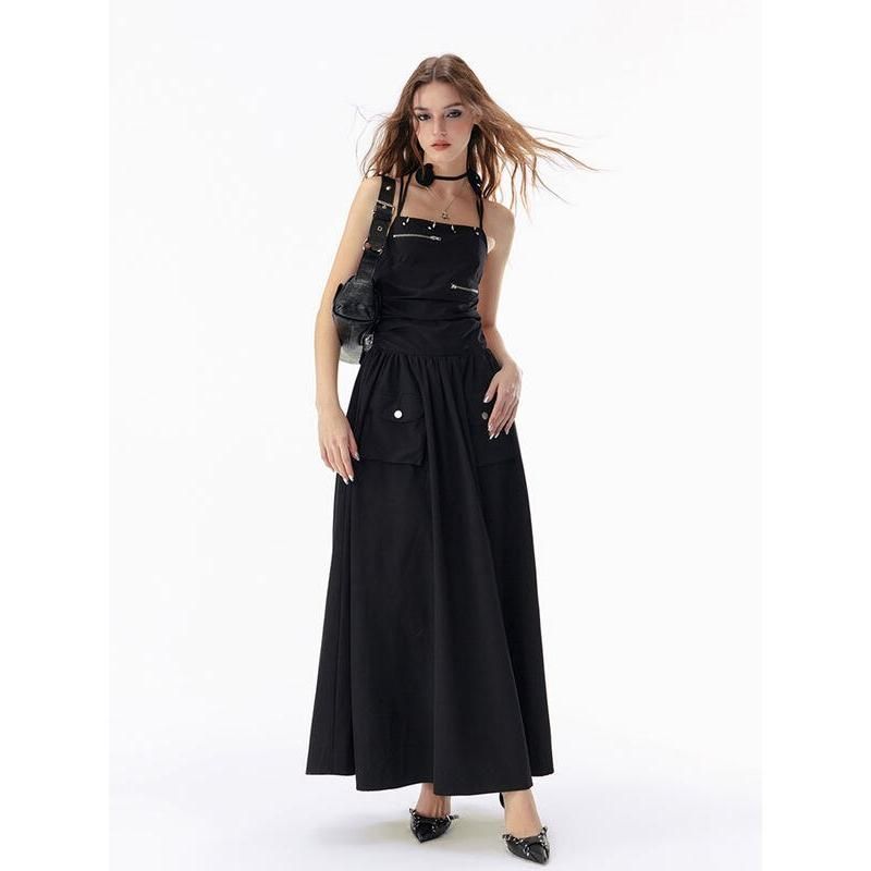 black backless bandage maxi dress with pockets, view 3 - MRSLM