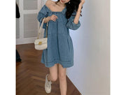 blue square collar denim dress, view 6 - MRSLM