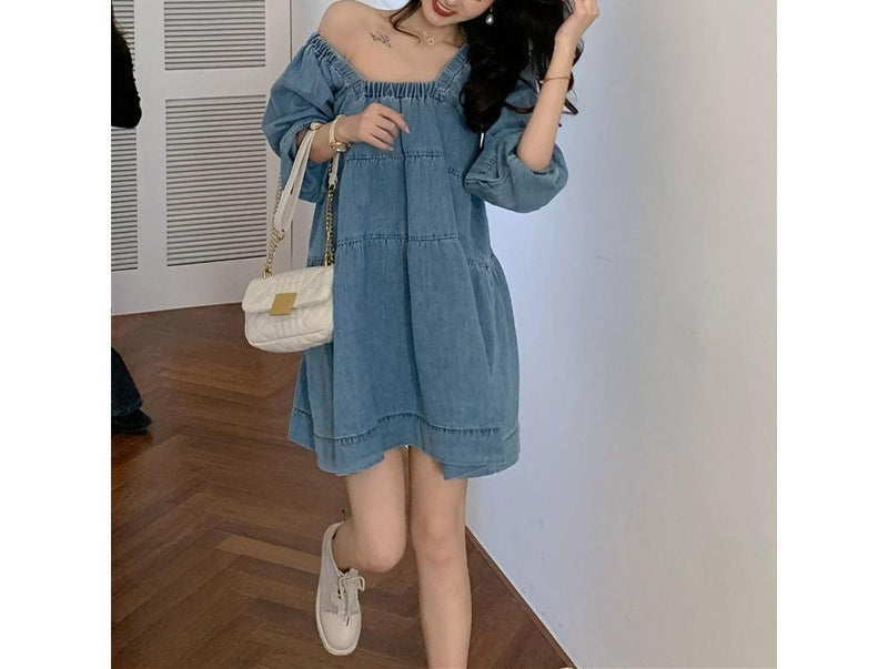 blue square collar denim dress, view 6 - MRSLM
