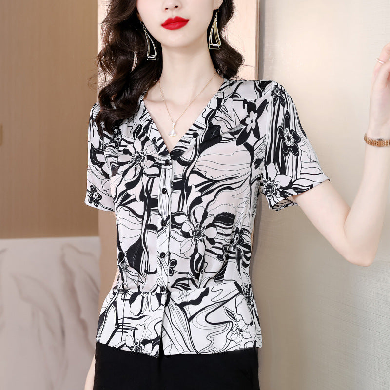 women's floral short sleeve v-neck shirt, view 5 - MRSLM