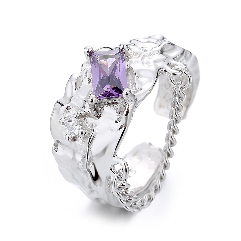 s925 silver foil texture zircon chain ring, view 2 - MRSLM