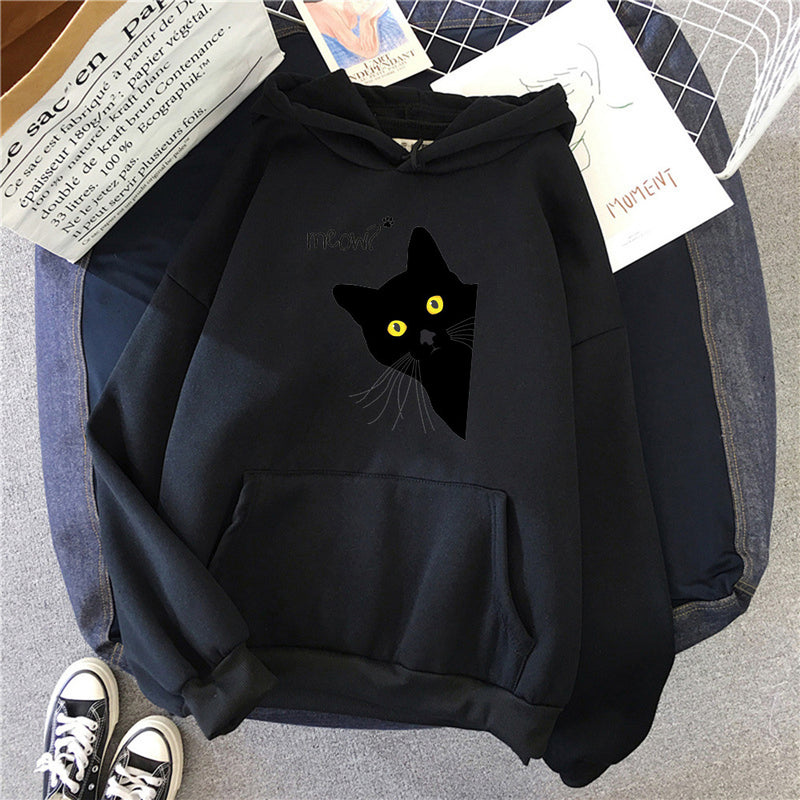 black cat print hooded sweater, view 3 - MRSLM