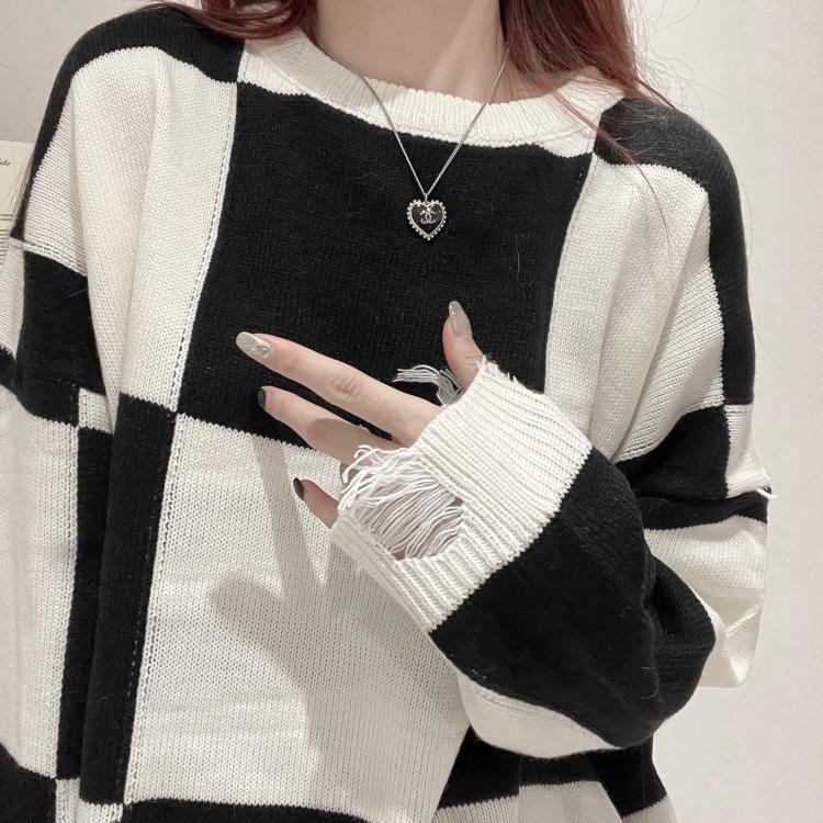 ripped plaid knit sweater, view 10 - MRSLM