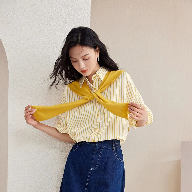 yellow striped button-down shirt, view 9 - MRSLM