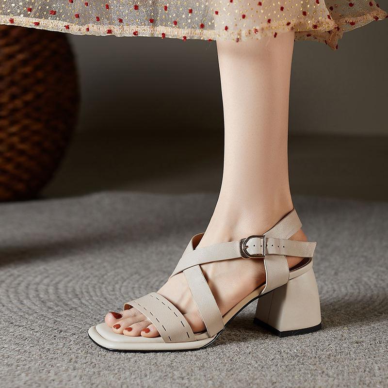 leather high-heel sandals with buckle strap, view 4 - MRSLM