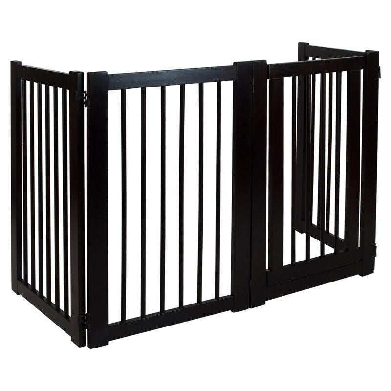 espresso hardwood freestanding pet gate with walk-through door, view 3 - MRSLM