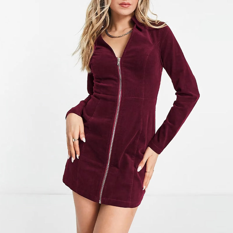 v-neck corduroy zipper mini dress, view 4 - MRSLM