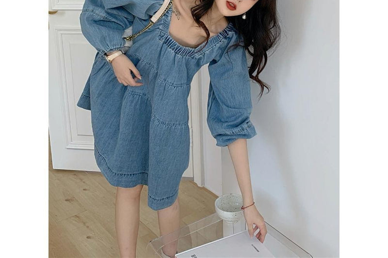 blue square collar denim dress, view 5 - MRSLM