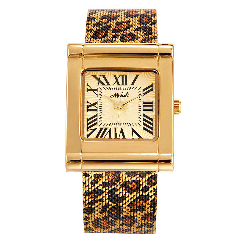 Women's leopard print mesh belt square watch, view 5 - MRSLM