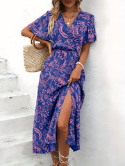 tropical print V-neck split dress, view 6 - MRSLM