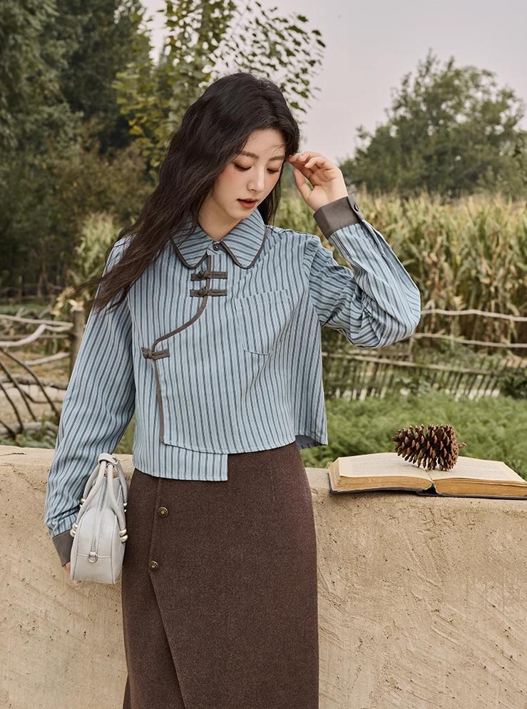 blue-grey striped patchwork blouse, view 4 - MRSLM