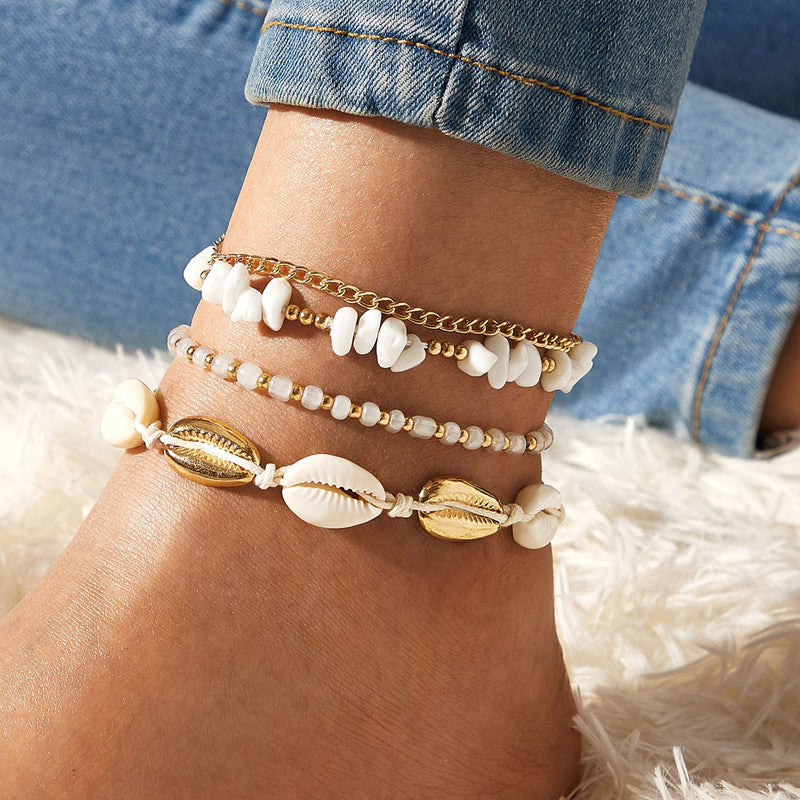 Boho Shell Charm and Crushed Stone Anklet Set