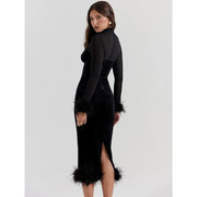feather trim backless bodycon midi dress, view 7 - MRSLM