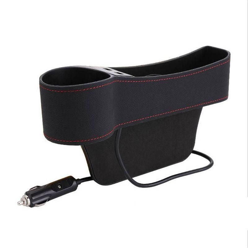 Leather Car Seat Gap Organizer with Dual USB Charging & Cup Holder