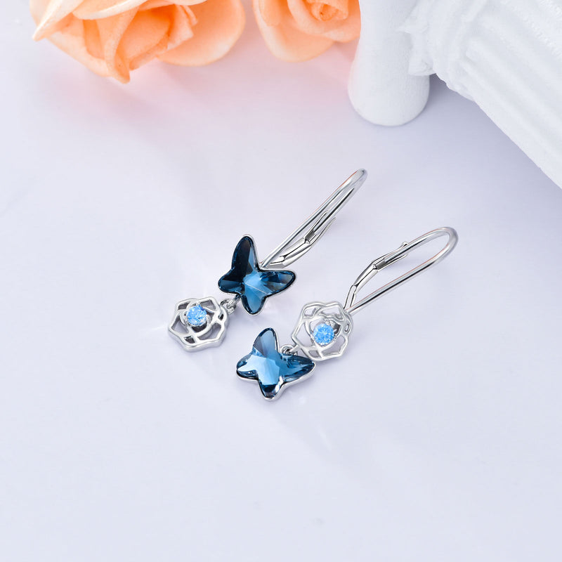925 silver blue crystal butterfly drop earrings, view 4 - MRSLM