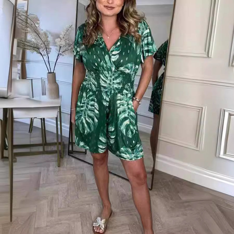 Leaf print short-sleeve summer outfit for women, view 3 - MRSLM