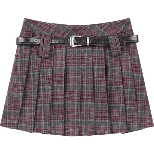 red plaid pleated mini skirt, view 2 - MRSLM