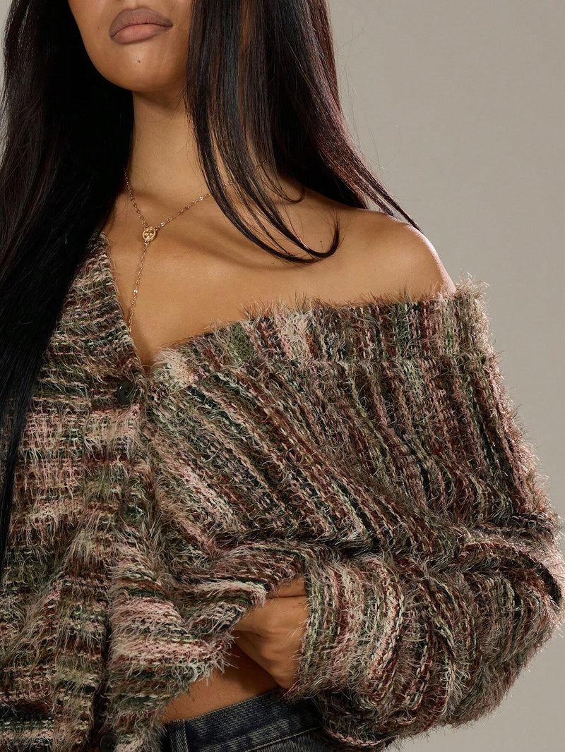 Women's fuzzy space-dye knit cardigan, view 4 - MRSLM