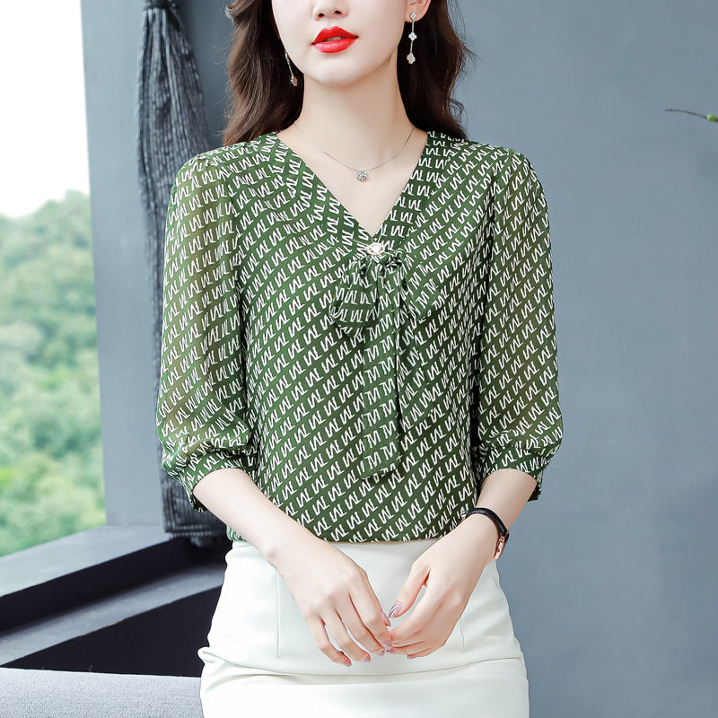 women's floral chiffon v-neck shirt, view 5 - MRSLM