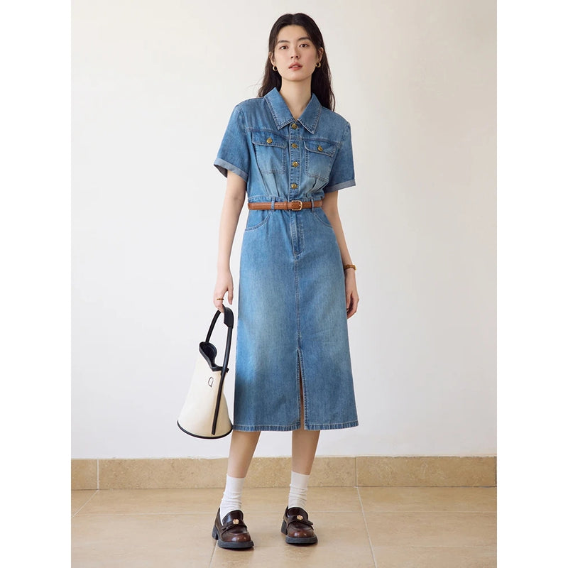 denim blue shirt dress, view 4 - MRSLM