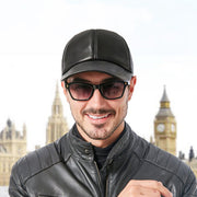 Men's black leather baseball cap, view 3 - MRSLM