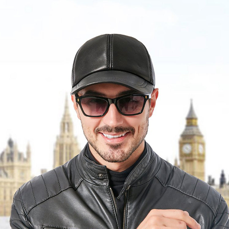 Men's black leather baseball cap, view 3 - MRSLM