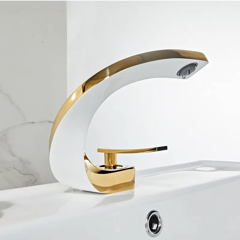 brass gold and white bathroom basin faucet, view 3 - MRSLM